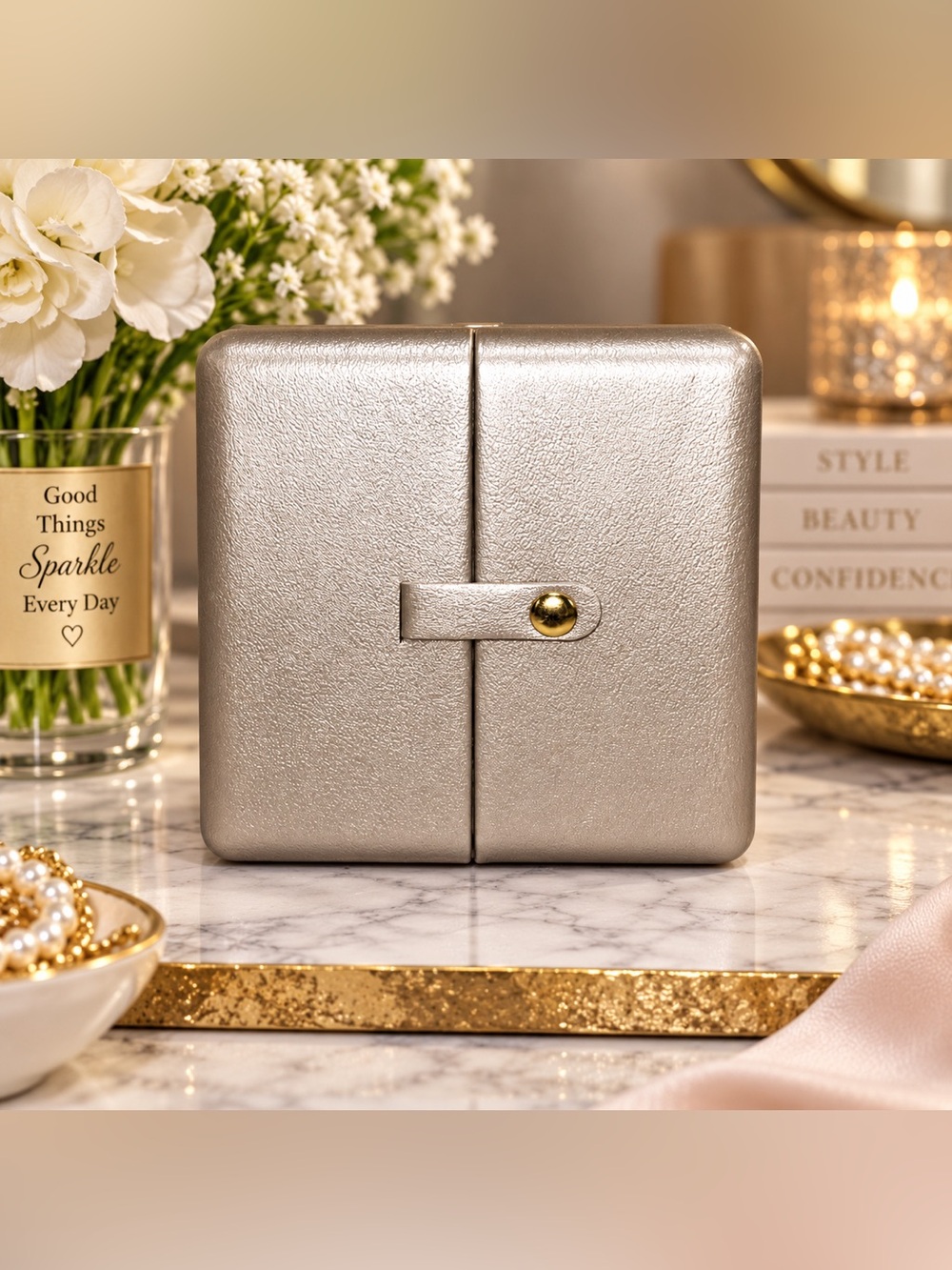 ✨ Metallic Champagne Gold Trifold Travel Jewelry Case Organizer